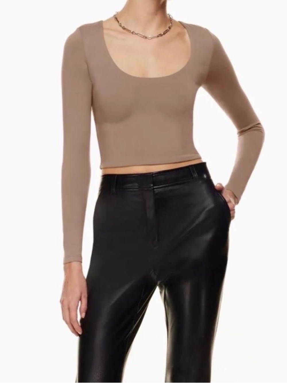 Babaton Long-Sleeve Scoop Neck Crop Top - Taupe